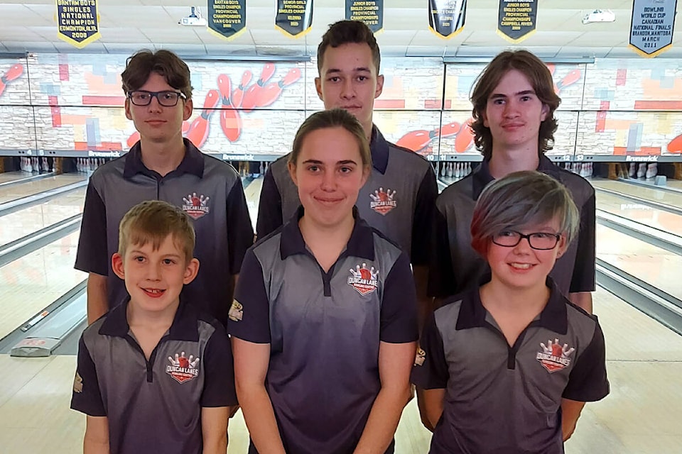 Duncan Lanes provincial tenpin medallists. Front row from left: Markus Lawrence, Danika Lazenby and Kayden Richardson. Back row from left: Alex Gammie, Aden Nettleton and Ethan Frehlick. (Submitted by Bob Linde)