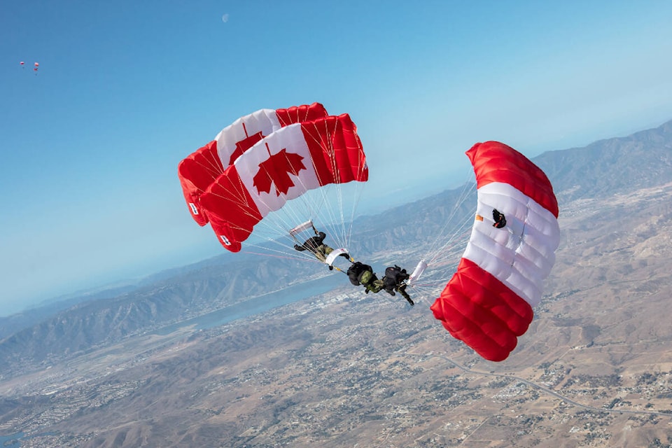 Members of the Canadian Forces Skyhawks parachute team performing a ‘three-stack drag’ in a previous show. The team performs over Victoria twice this holiday weekend. (Courtesy Skyhawks Canada)