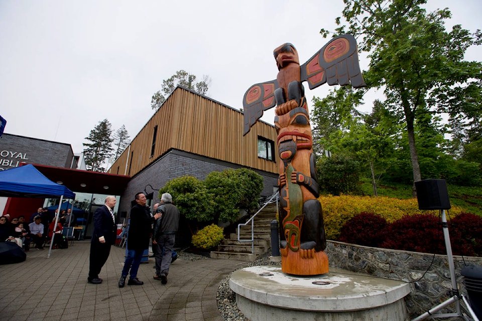 Songhees and Esquimalt Nations and the Town of View Royal came together Saturday May 28, 2022 to unveil a new totem pole carved by Tom LaFortune of Tsawout First Nation. The totem will be a permanent fixture outside the Town of View Royal Public Safety Building. (Justin Samanski-Langille/News Staff)