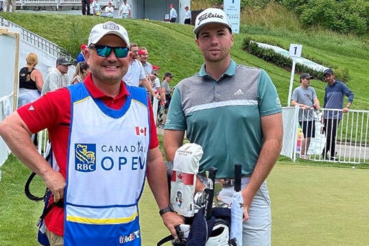 Callum Davison (right) and caddy Andy Johnson at the RBC Canadian Open in Toronto last week. (instagram.com/callumd4)