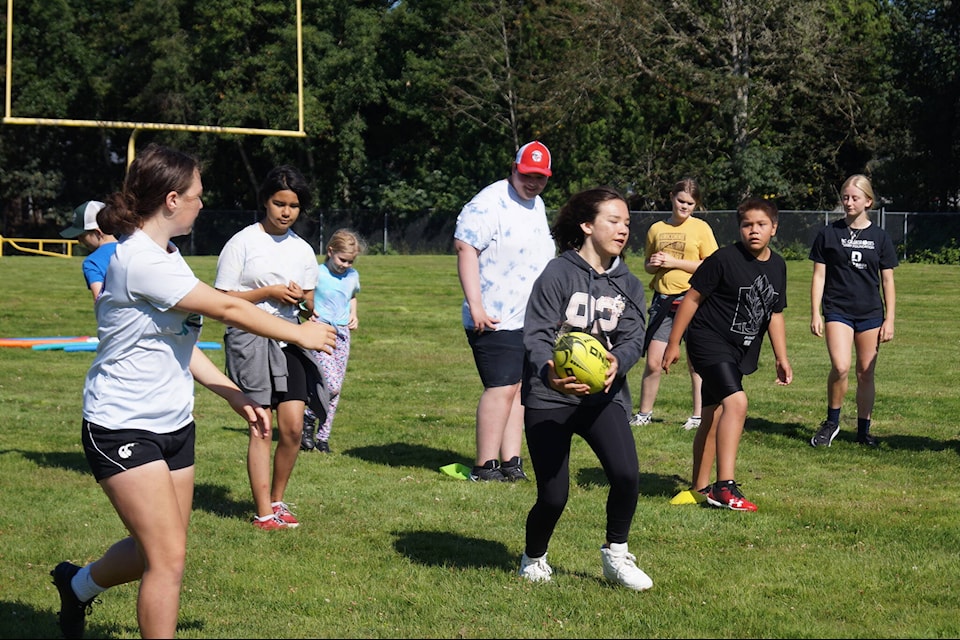 A clinic conducted by the BC Grassroots Rugby Foundation at Edward Milne Community School on July 22 drew about 20 enthusiastic participants. (Rick Stiebel-Sooke News Mirror)
