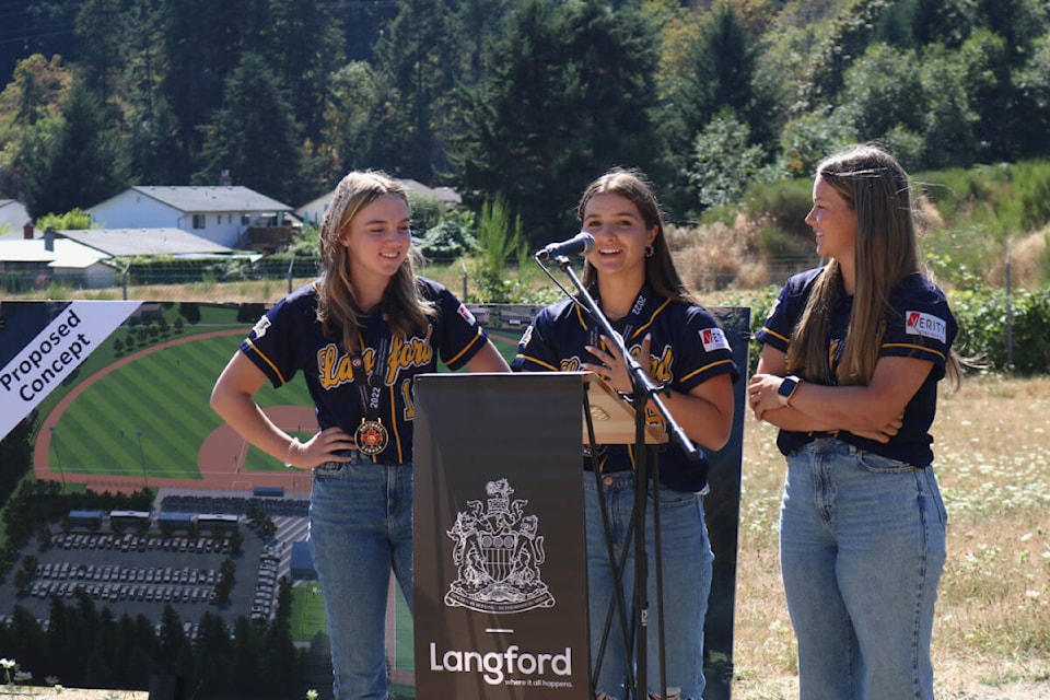 From left: Emma Pipin, Kaela Gillis and Courtney Haslam were among the members of the Langford Lightning U17A Girls who spoke at the announcement of a new recreational site in Langford. (Bailey Moreton/News Staff)