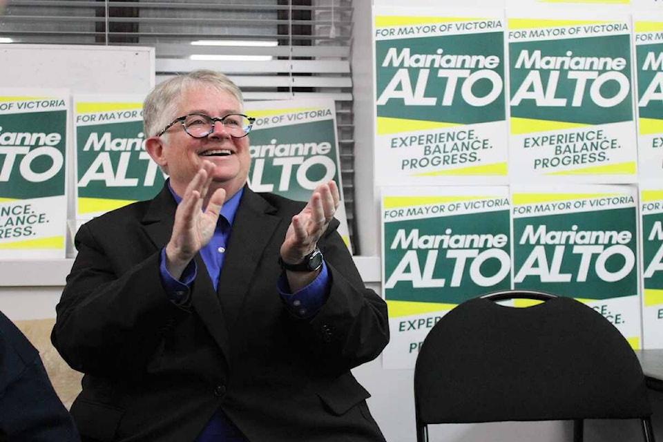 Victoria mayor-elect Marianne Alto celebrates as favourable election results start to pour in on Oct. 15. (Jake Romphf/ News Staff)