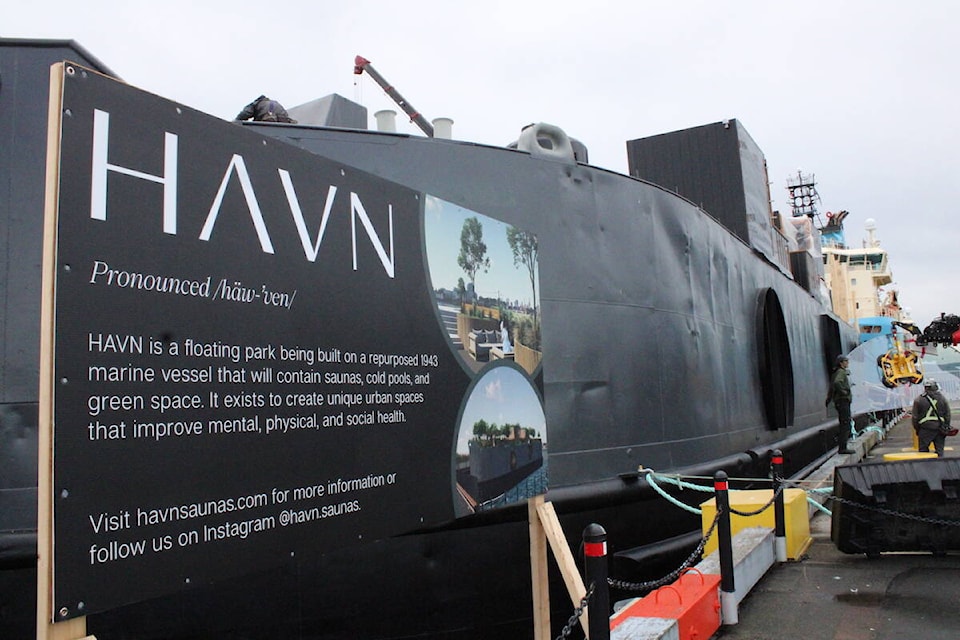 Havn’s floating sauna business being worked on at Ogden Point on Jan. 11. The company wants to moor and run the relaxation-based business from the Inner Harbour. (Jake Romphf/News Staff)