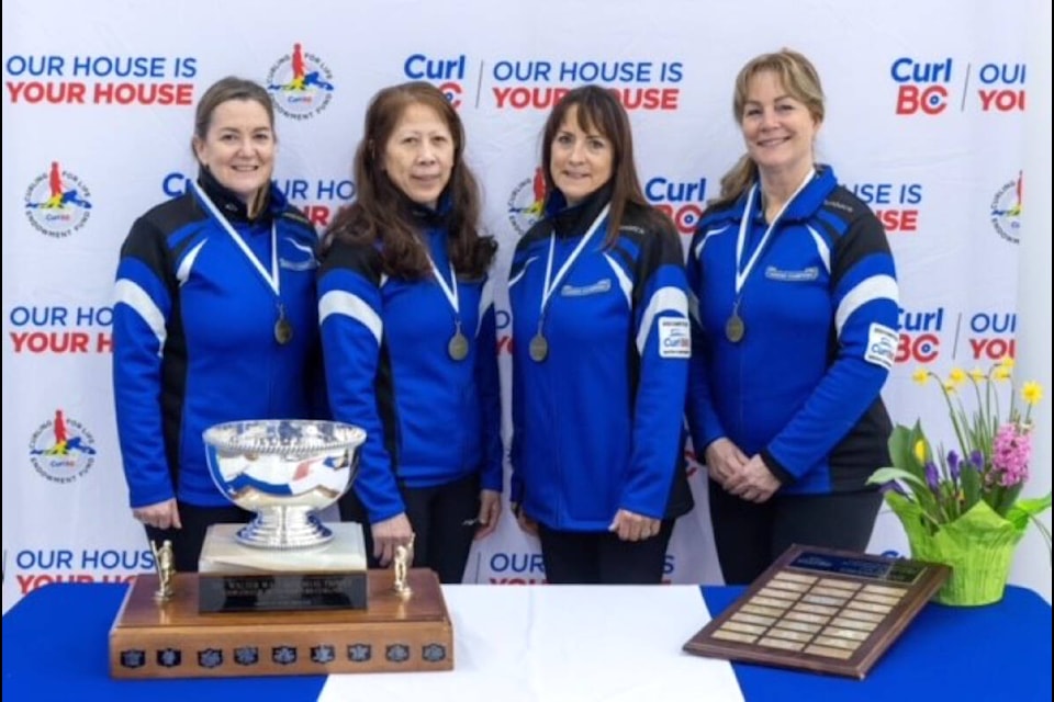 Penny Shantz, right, with teammates third Cindy Curtain, second Shirley Wong and lead Janet Suter are BC Women’s Master Curling Champions again for the second year in a row. (Submitted photo)