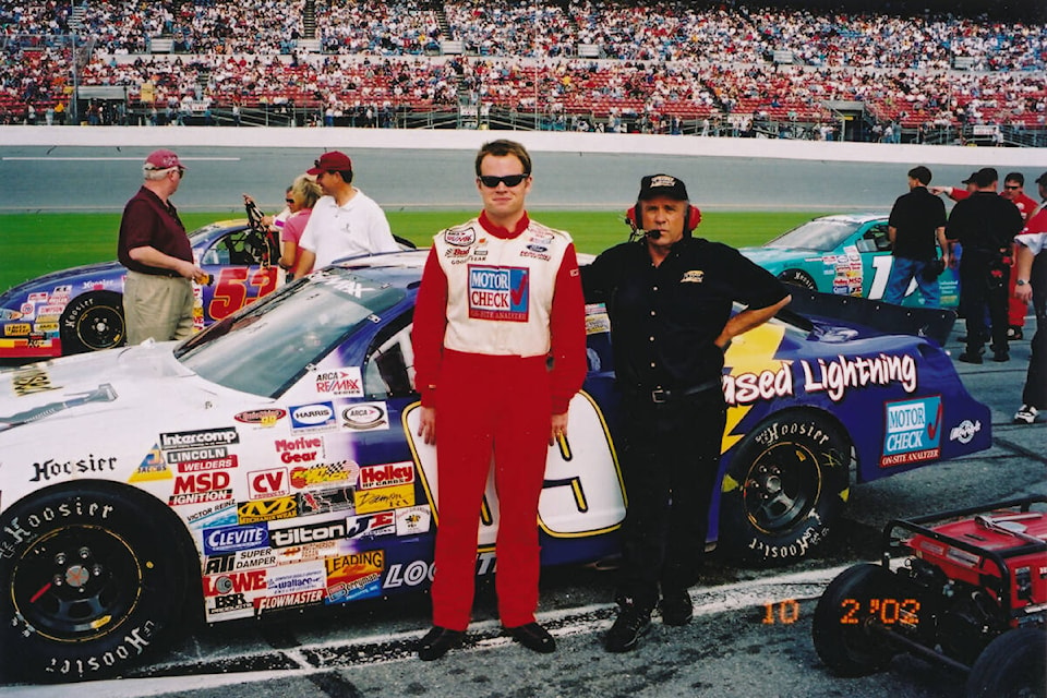 Driver CJ Mennen and Dick Midgley at Daytona International Speedway for the ARCA race in 2002. (Courtesy of Michael MacKenzie)