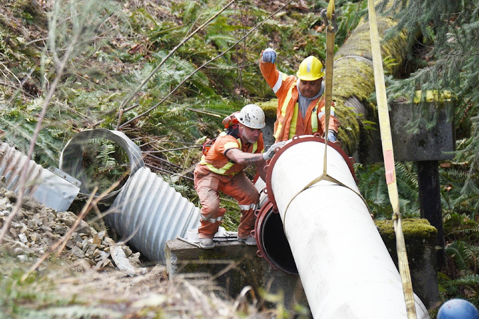 Workers direct a crane operator from Coastal Bridge and Construction Ltd. on where to lower a pipe during a watermain repair, Thursday, March 9, 2023. (SUSAN QUINN/ Alberni Valley News)