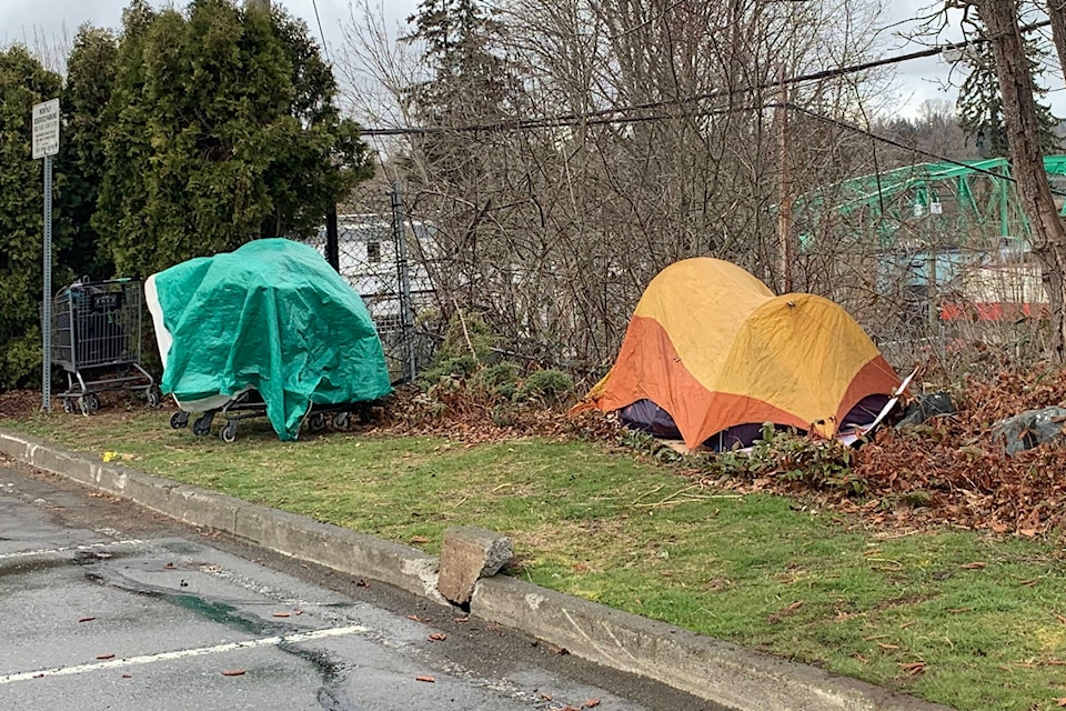 Makeshift shelters and pup tents, such as these erected in the Courtenay City Hall parking lot, are becoming increasingly prominent in the community as the homelessness epidemic surges in the Comox Valley. Photo by Terry Farrell.