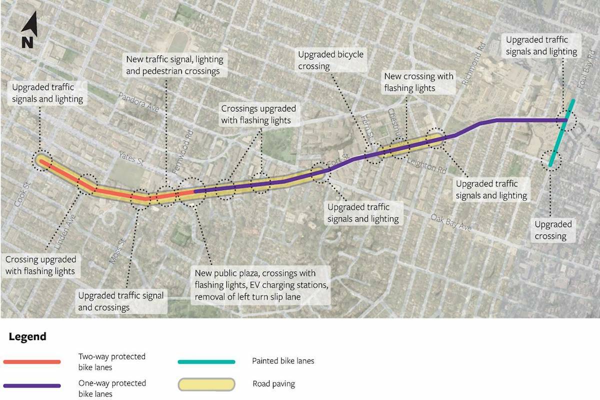 New protected bike lanes and other traffic infrastructure elements like signals and crosswalks are coming to Fort Street between Cook Street to Foul Bay Road in 2023. (Courtesy of the City of Victoria)