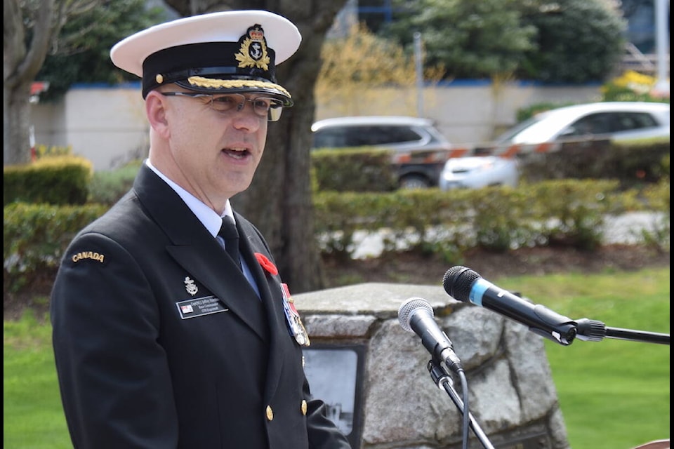 CFB Esquimalt base commander Capt. J. Jeffrey Hutchinson speaks at the 2023 HMCS Esquimalt memorial service on Sunday (April 16) at Esquimalt’s Memorial Park. (Brendan Mayer/News Staff)
