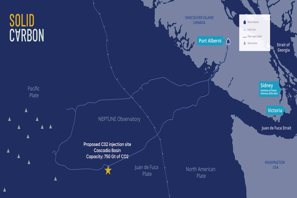 Solid Carbons proposed CO2 injection site off Vancouver Island. (Courtesy of Ocean Networks Canada)
