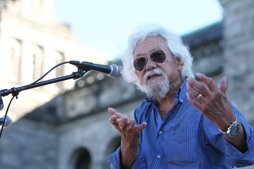 David Suzuki called on hundreds of climate protesters gathered at the B.C. legislature grounds Friday (Sept. 15) afternoon to make it clear to politicians that the environment must be placed above the economy in their priorities amid the climate crisis. (Justin Samanski-Langille/News Staff)
