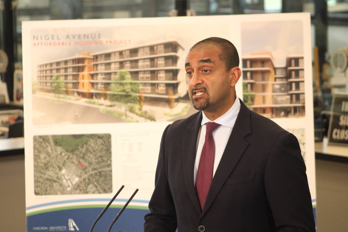The B.C. government says it isnt looking at bringing in vacancy price controls despite calls from various groups and local governments across the province. Housing Minister Ravi Kahlon is pictured here at a housing announcement in Saanich. (Jake Romphf/News Staff)