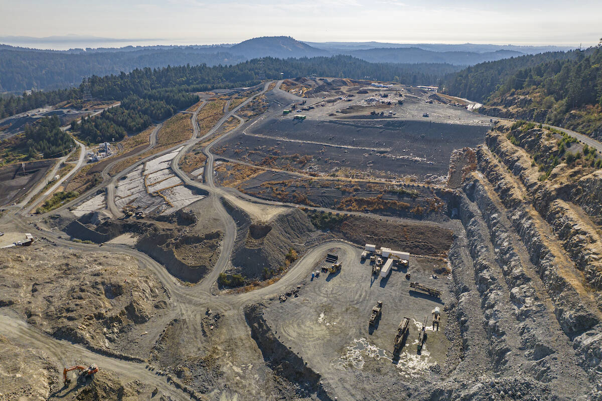 The bottom right portion of the photo shows what will be Cell 4 at Hartland landfill. Cell 3, shown in the upper right side of the photo, has been taking the regions solid waste since 2016 and will be full by late 2024. (Courtesy of Derek Ford/CRD)