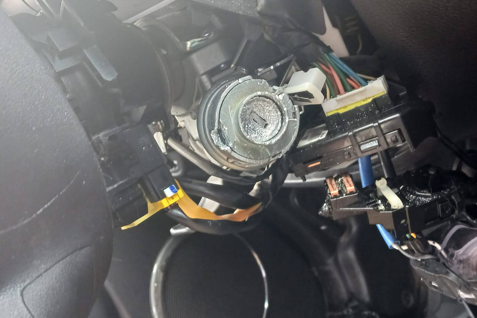 The steering column and ignition were badly damaged in an attempted theft of a Summerland seniors Kia Soul as part of an apparent TikTok challenge. (Submitted)