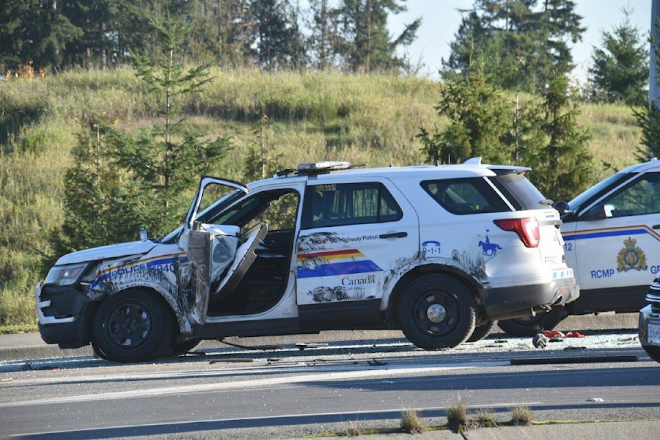 Police chased the tractor along Highway 1 until the 176th Street offramp, where it collided with a BC Highway Patrol vehicle (Photo: Curtis Kreklau/ South Fraser News Services)