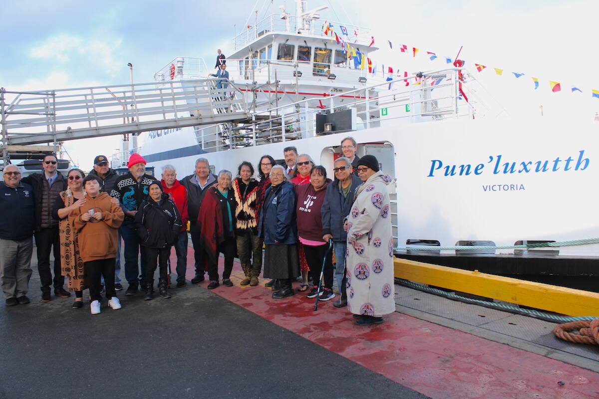 Penelakut Tribe members gather for the unveiling of BC Ferries renamed Puneluxutth vessel on Dec. 1. (Jake Romphf/News Staff)