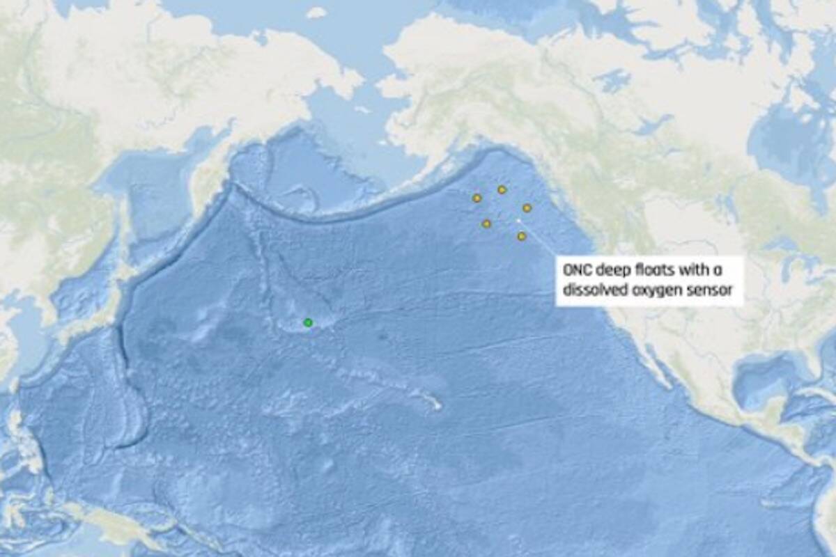 The positioning of Ocean Networks Canadas five new autonomous deep-sea monitoring floats in the northeast Pacific. (Courtesy of the Argo Program)