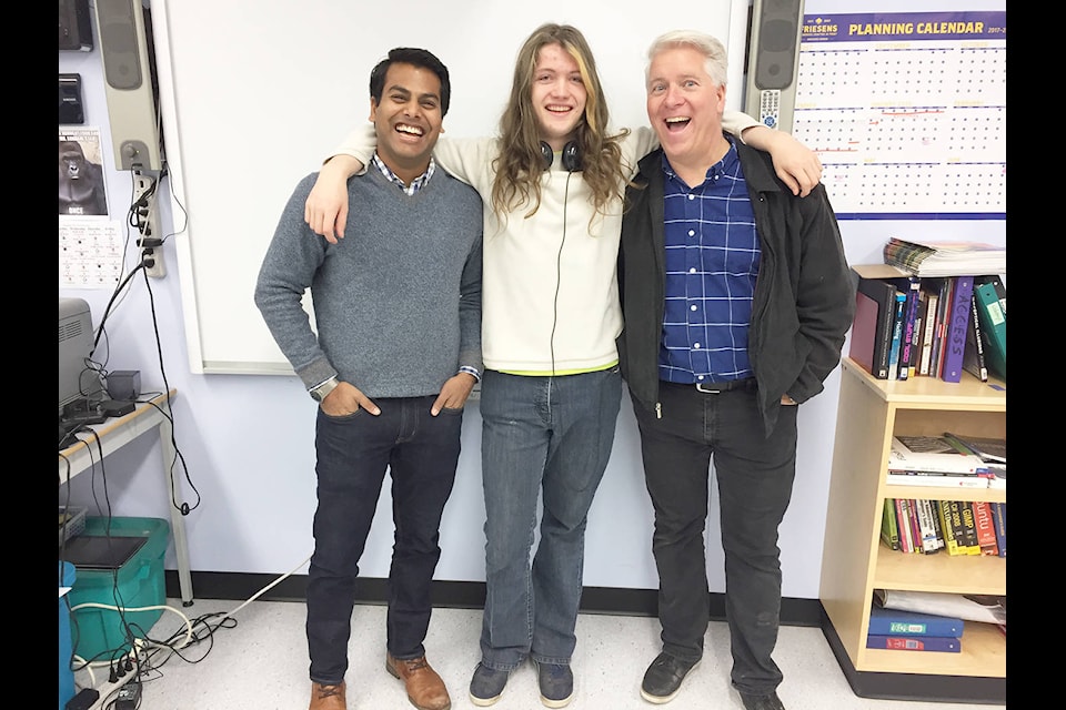 Sagar Saxena, SD#91 Community Engagement and Partnerships Officer; Grade 12 student, Candon Macfarlane, who livestreamed the iCubed event; Andy Sundahl NVSS Visual Media Arts and Technology Teacher at SD#91 Nechako Lakes. Photo Fiona Maureen