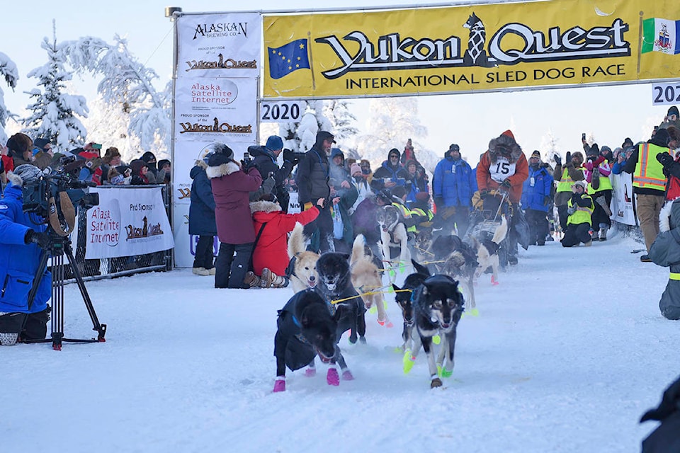 Brent Sass’s team digs in to start the 2020 Yukon Quest at the Morris Thompson Cultural and Visitors Center in Fairbanks, Alaska, on Feb. 1. (John Hopkins-Hill/Yukon News file)