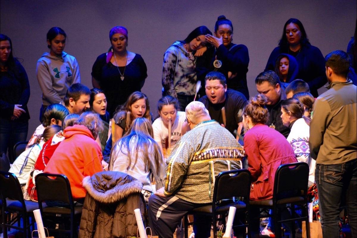 A Sinixt drum circle on the stage at the Capitol Theatre in Nelson, B.C, in 2018. Photo: Bill Metcalfe