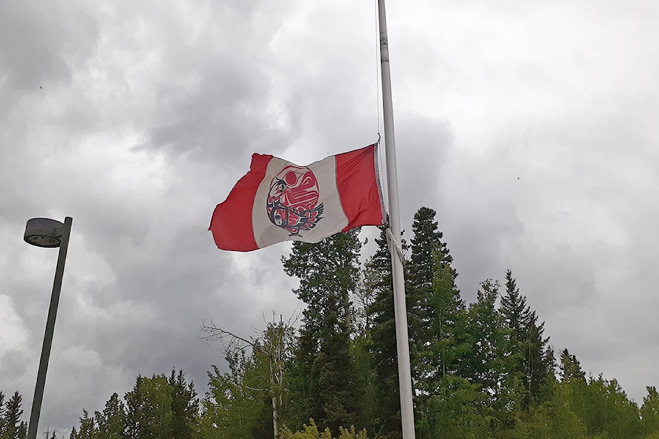 The flag at Saik’uz First Nation will remain at half-mast for 215 days. It was lowered at 2:15 p.m. Monday, May 31. Chief Priscilla Mueller encourages Canadians to read the Truth and Reconciliation report. “Understand its 94 calls to action and participate in the rectification of this grave injustice,” she said. (Photo submitted)