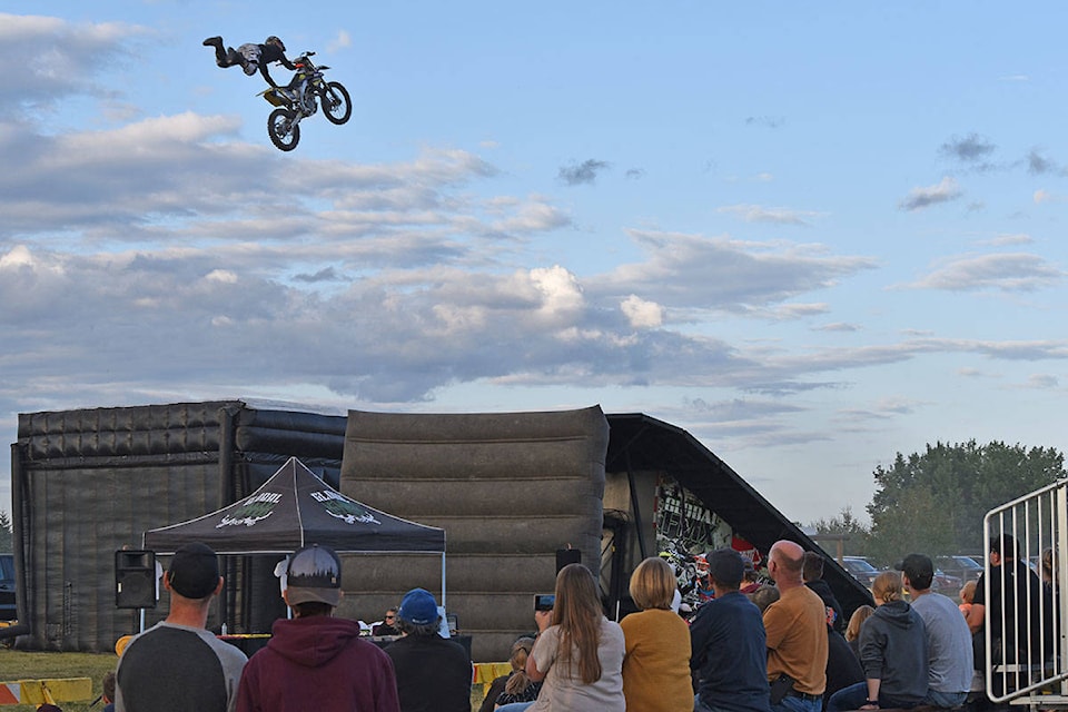 Motocross pro riders jumped as high as 75-feet at the Nechako Valley Exhibition Grounds in Vanderhoof. (Rebecca Dyok photo)