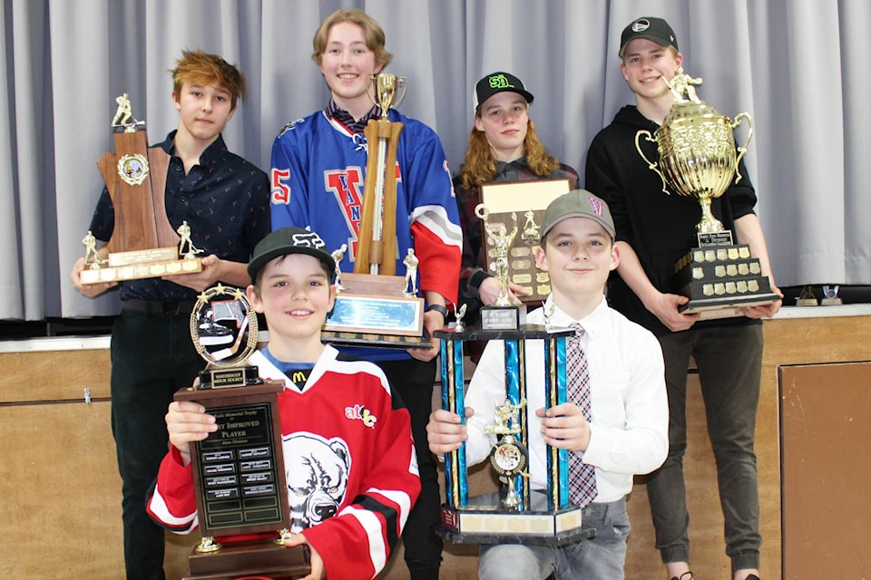 Brandon Davidson, Connor Schlamp, Taylor Danielson, Evan Eadie, Quentin Corbiere and Grayson Turgeon pose with their awards on April 13 at the Friendship Centre in Vanderhoof. (Photo by Michael Bramadat-Willcock)