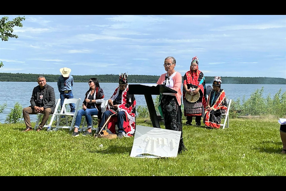 Cheslatta Chief Carrier Sekani Family Services’ board president Corrina Leween speaks at the Tachick Lake ground breaking ceremony for a new detox and healing centre. (Photo courtesy, Carrier Sekani Family Services)