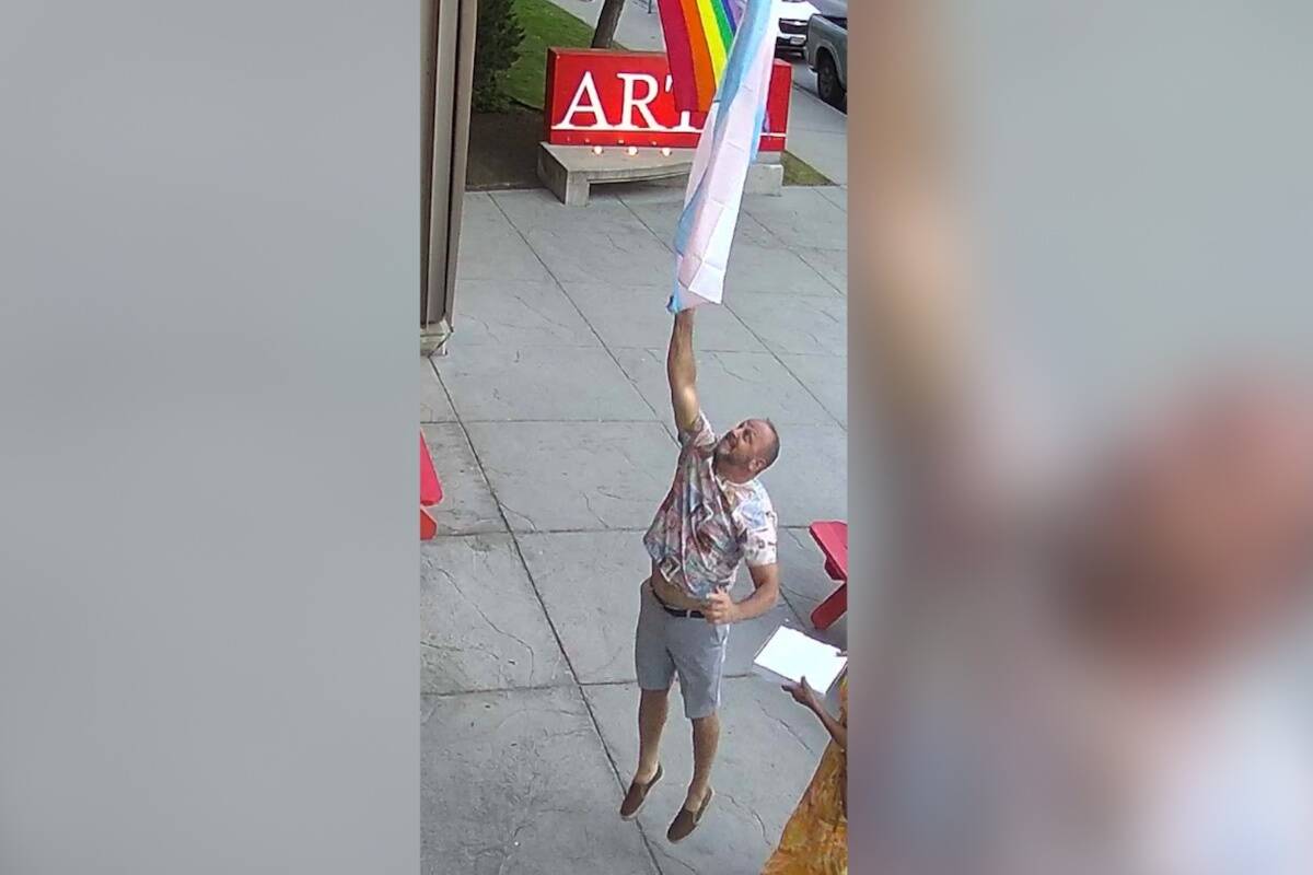 A man ripped down the trans flag in front of the Kelowna Art Gallery on June 2. (Kelowna RCMP/Submitted) A man ripped down the trans flag in front of the Kelowna Art Gallery on June 2. (Kelowna RCMP/Submitted)