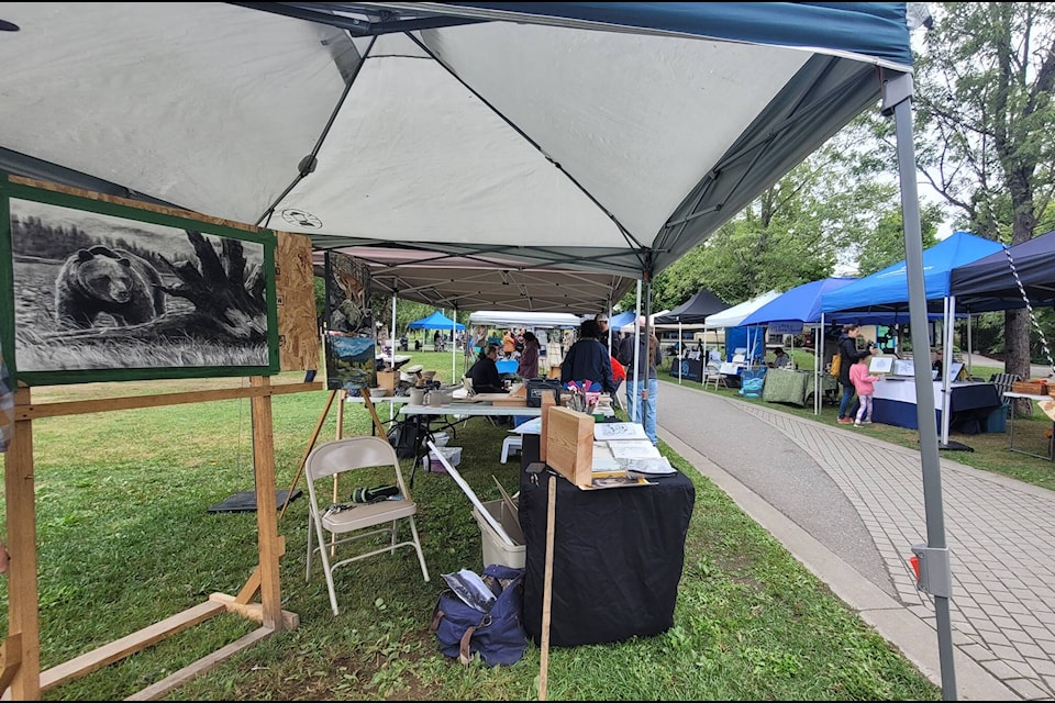 Residents stroll past a tent displaying an array of vibrant artworks at the Artists in the Park event on Aug. 12, hosted by the Terrace Art Gallery during the Riverboat Days festival, taking in the creativity and craftsmanship of local artists. (Submitted photo)