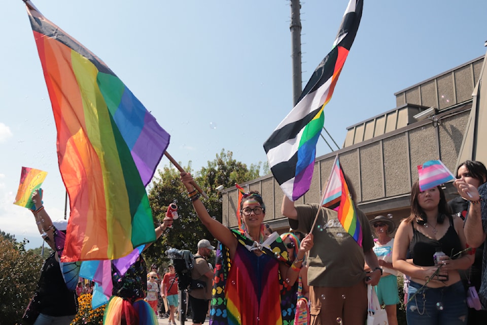 Hundreds of people took part in a pride march in downtown Vernon to celebrate the queer community during Pride Week Saturday, Aug. 17, 2024. 