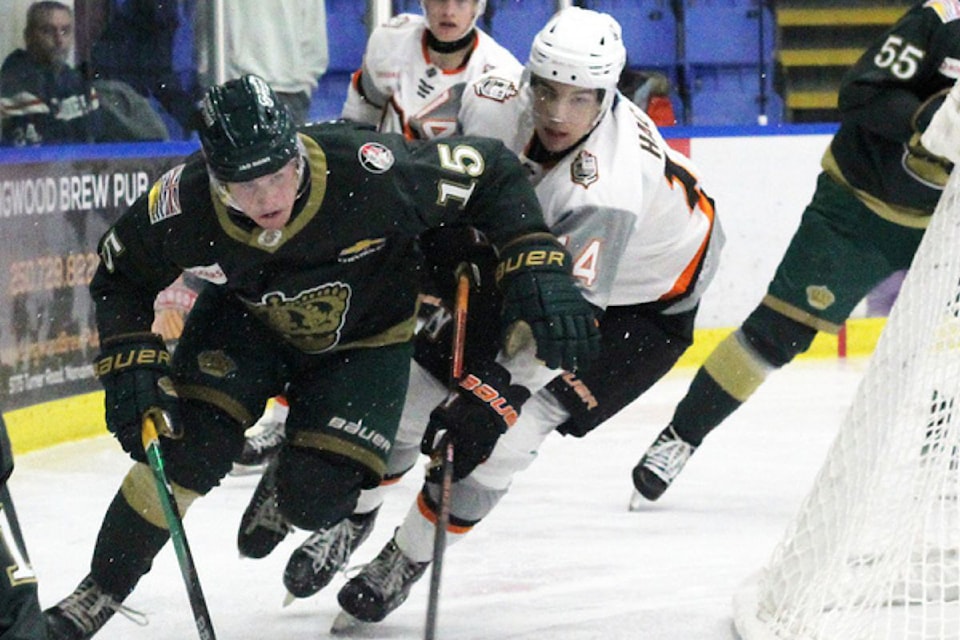 Vernon's Morgan Hackman of the B.C.  Hockey League's Nanaimo Clippers (14, white) has agreed to a college scholarship with NCAA Div. 1 school Minnesota State Mavericks.