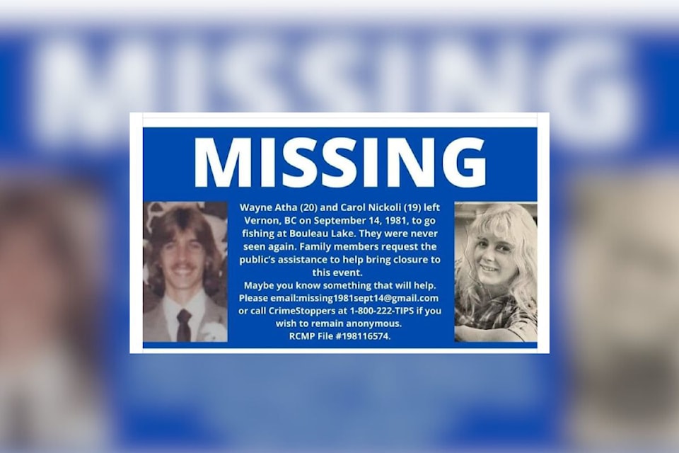 Vernon's Wayne Atha (left) and Carol Nickoli of Coldstream vanished without a trace while on a fishing trip to Bouleau Lake off Westside Road near Vernon on Sept. 14, 1981.