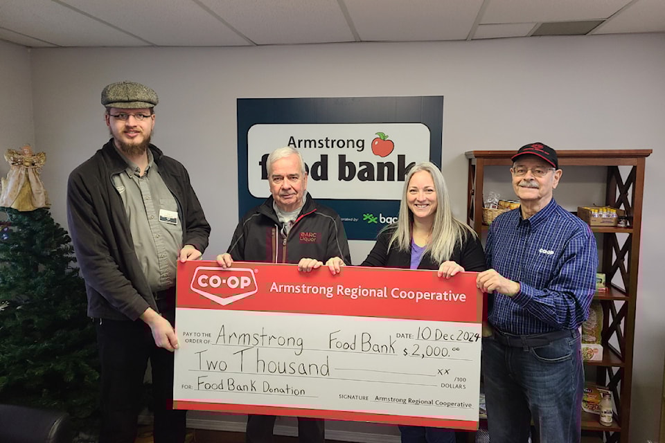 The Armstrong Regional Co-op hands over a cheque for $2,000 to the Armstrong Food Bank Dec. 10, 2024. 