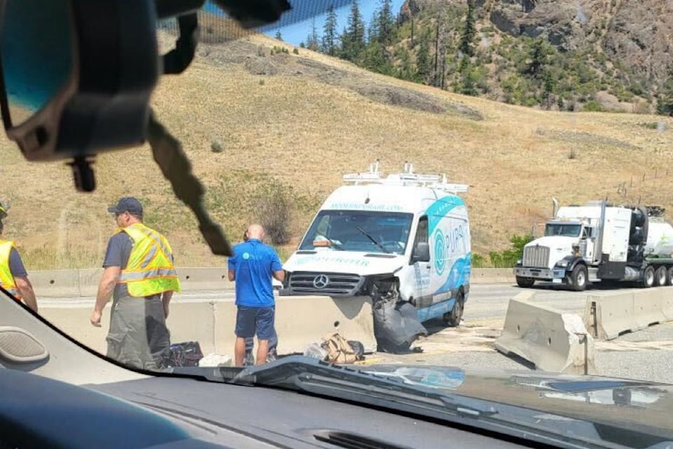A van has crashed into a median on the southbound lane of Highway 97 near Vernon.