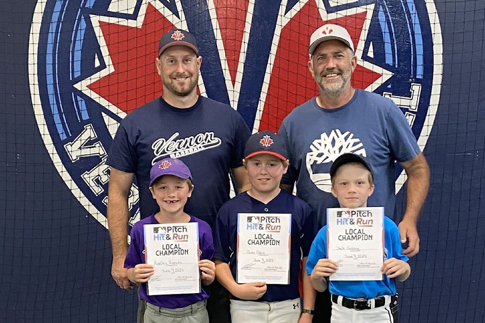 Vernon Baseball Association recently hosted nearly 100 players aged 7-14 for Major League Baseball's Pitch, Hit, and Run competition at Marshall Field.  Division winners included (front row from left): Radley Reeves (Tadpole); Owen Davis (Mosquito); and Jack Golding T-ball (right). In the back are Mosquito Division Director Ryan Novakowski (left) and Program Director Carl Vardon. Missing are division winners Emmette Bengtson (Peewee), Cortland Dawydiuk (Bantam) and Luc Gilbert (Midget). (Contributed)