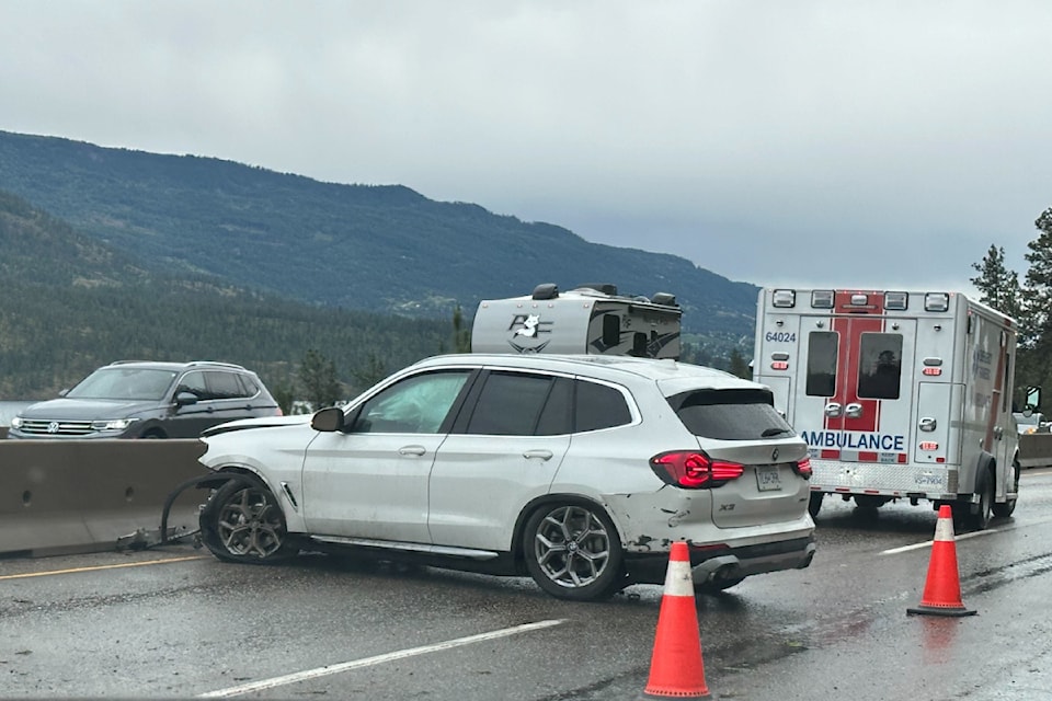 A crash on Highway 97 south of Vernon is slowing traffic in both directions Saturday afternoon, June 15, 2024.