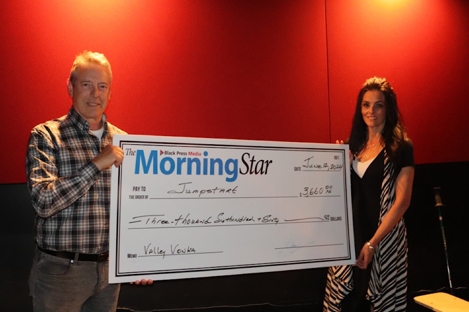 Vernon Morning Star sales reps Rodd Cruikshank and Stephanie Stecyk present a cheque to Jumpstart from the proceeds of the second annual Valley Vonka and the Hot Chocolates Factory contest Wednesday, June 12, 2024.