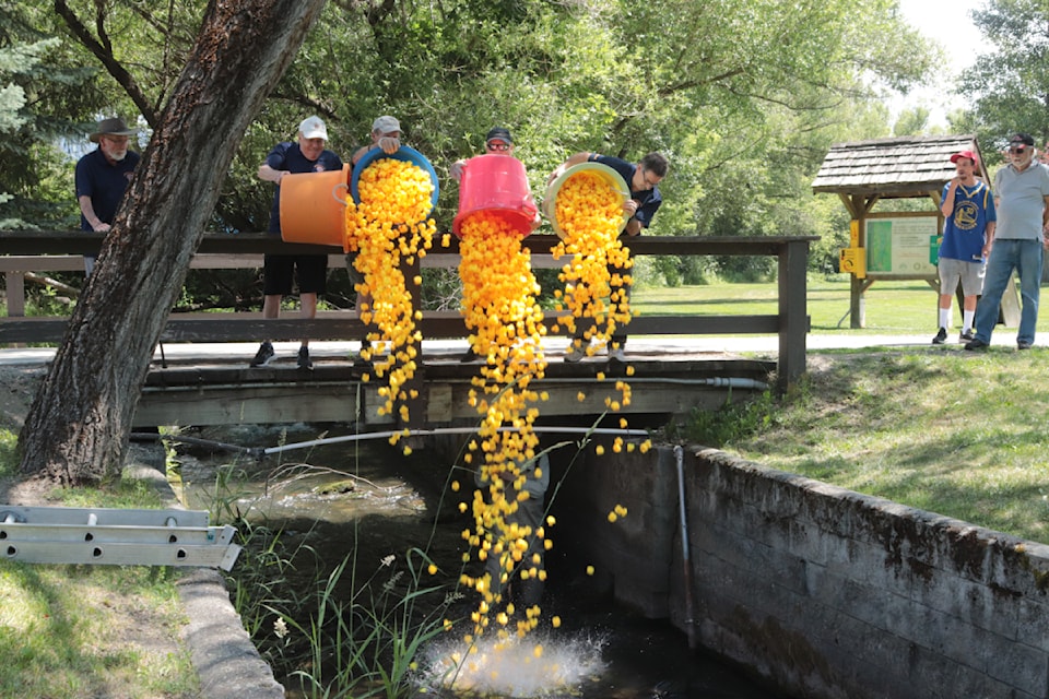 Four thousand ducks were dumped into Vernon Creek in Polson Park Saturday, June 22, 2024, as the Vernon Lions Club's fourth annual duck race got underway.