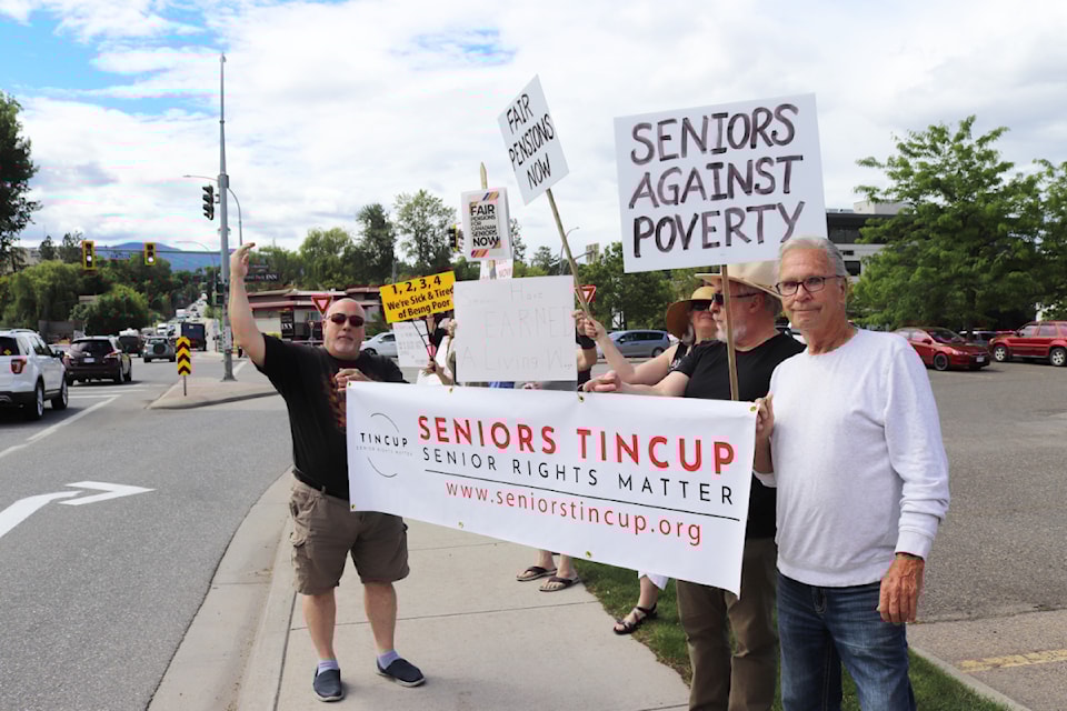 Seniors in Vernon staged a protest across from the Polson Park fountain Thursday, June 27, 2024, calling for higher pensions. 