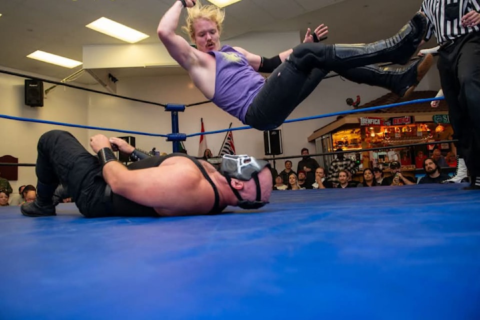 Vernon's Charlie Joseph (top, landing an elbow on Rayden The Destroyer) will fight his nemesis again in a tag team bout when Thrash Wrestling returns to Vernon's Schubert Centre Friday, Dec. 6.