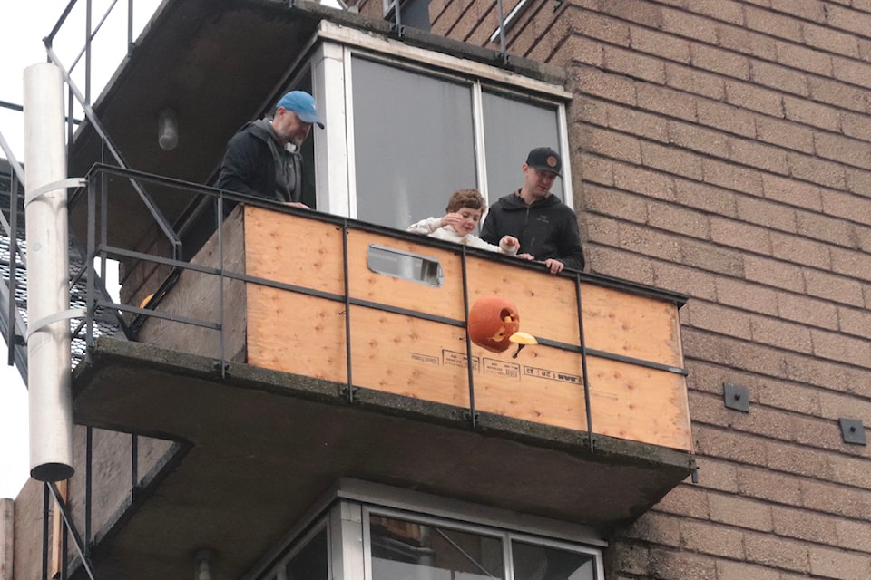 A pumpkin is hurled off the hose tower at the downtown fire station during Vernon's third annual Pumpkin Drop Saturday, Nov. 2, 2024.