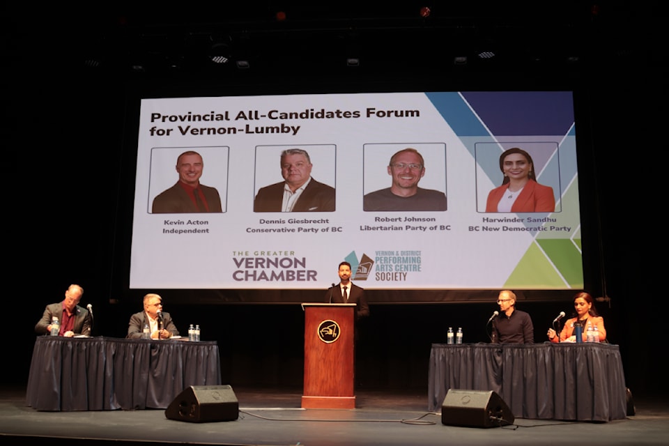 The four candidates in the Vernon-Lumby riding showed up for an all-candidates forum hosted by the Greater Vernon Chamber of Commerce Saturday, Oct. 5, 2024. 