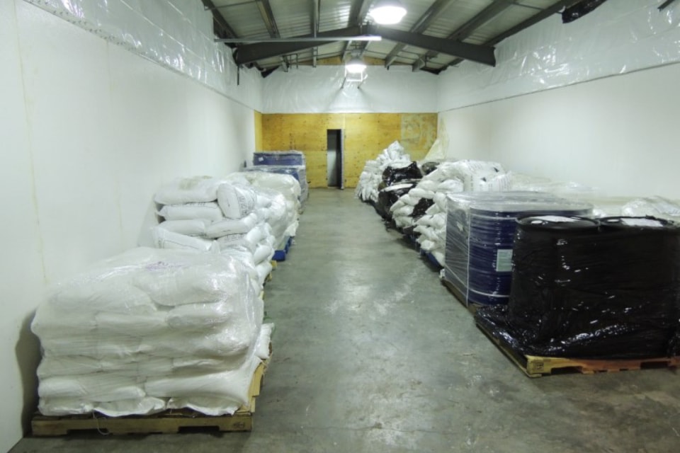 More than 30,000 kilograms of chemicals believed to be destined for the production of hundreds of kilograms of methamphetamine were seized at a rural Enderby property Sept. 11, 2024.