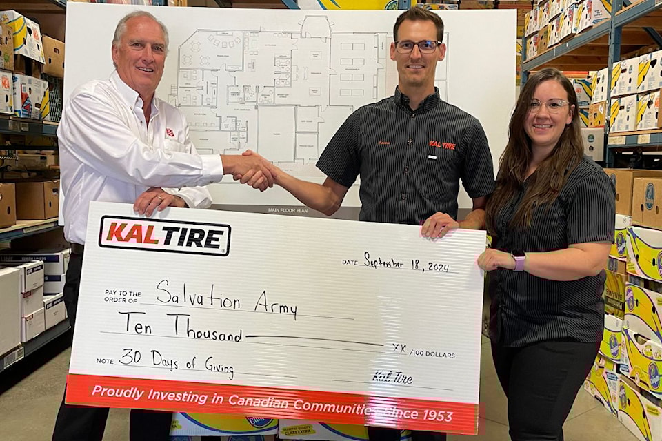 Salvation Army community liaison officer Ron Cartmell (left) accepts $10,000 from Vernon Kal Tire's Jamie Shillingford, marketing manager, Stores, and Kyla Braun, marketing and community programs coordinator. The donation is part of the Salvation Army's 30 Days of Giving program in September, and will be used to help with the expansion of the organization's food bank on 24th Street.  