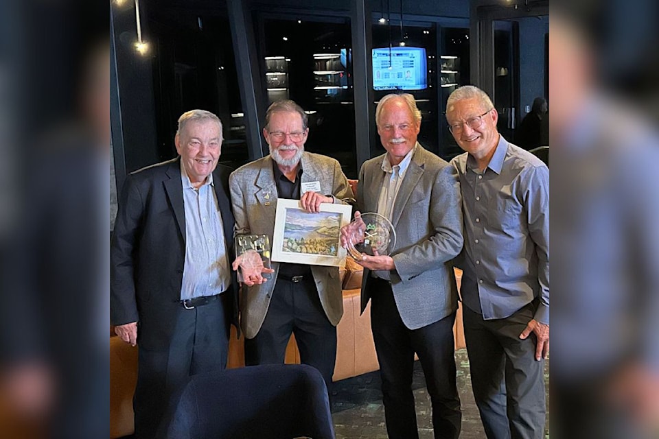 The 42-year Sister City relationship between Vernon and Modesto, Cal. was recently cemented with an exchange of gifts at The Edge Restaurant at Vernon's The Rise Golf Course. Taking part in the exchange was one of eight Modesto visitors, Jim Bussey (second from left), and John Topping (from left), Mayor Victor Cumming, and Tom Ouchi, all from the North Okanagan.