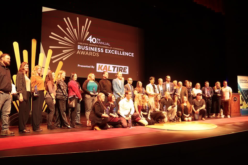 The winners in 19 categories at the Greater Vernon Chamber of Commerce Business Excellence Awards take a group photo at the end of the awards show Thursday, Oct. 24, 2024. 