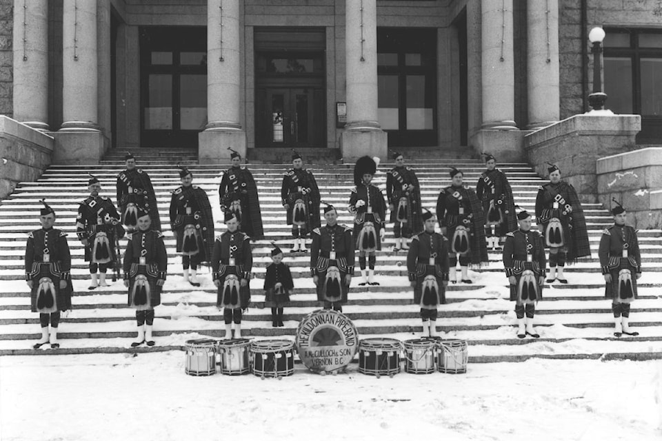 Vernon's first pipe band was the Kildonnan Pipe Band, shown on the steps of the Vernon Courthouse (year unknown). 