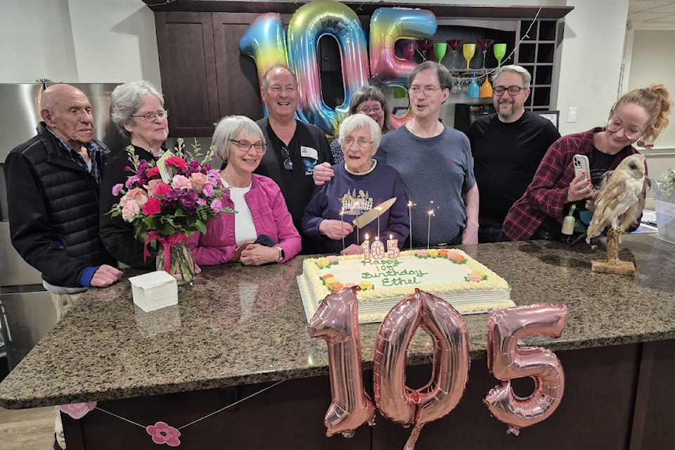 Vernon, B.C., Orchard Valley Retirement Residence's Ethel Dover (with knife) gets ready to cut her birthday cake, surrounded by family, on the occasion of her 105th birthday Tuesday, April 8.